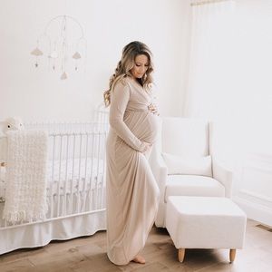 Boohoo maternity pregnancy wrap front maxi dress beige size 10